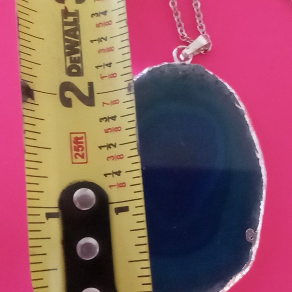 Large Teal blue agate stone necklace 24 inch box chain.silver tone. - Picture 9 of 10